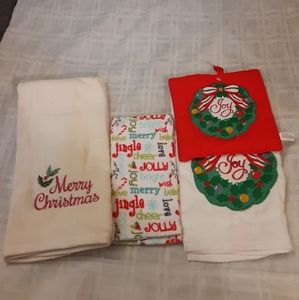 NWOT 3 Assorted Christmas Towels & 1 Potholder MERRY CHRISTMAS & JOY